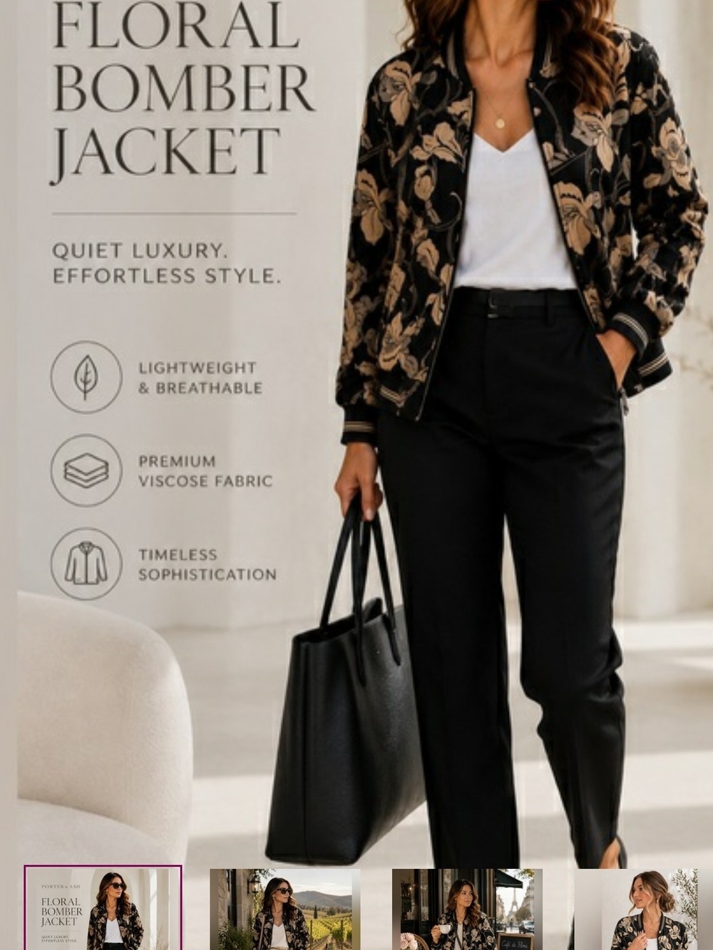 Black Floral Bomber Jacket with Beige Floral Motif